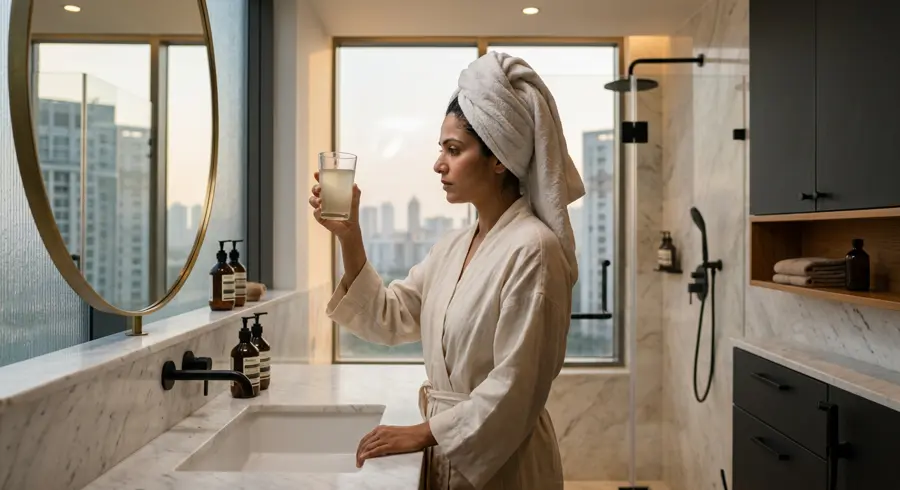 A woman examining a glass of hard tap water in a modern high-rise apartment bathroom